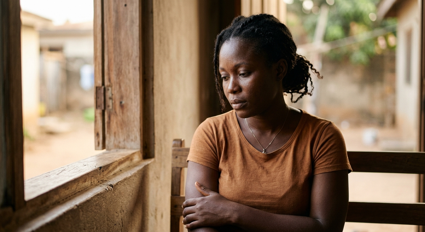 A Ghanaian woman, peaceful expression, natural light